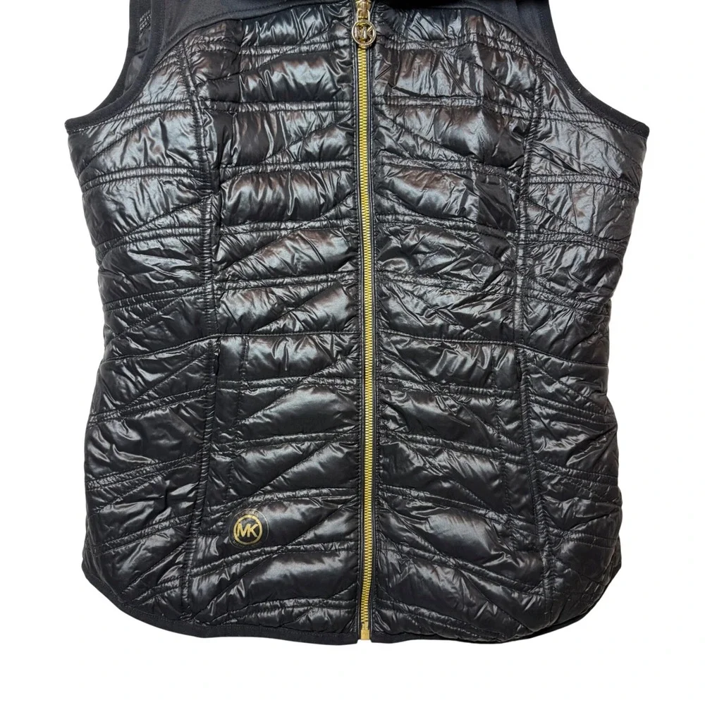 Michael Kors Womens Black Quilted Puffer Vest Gold Logo Zipper Collar Size Small